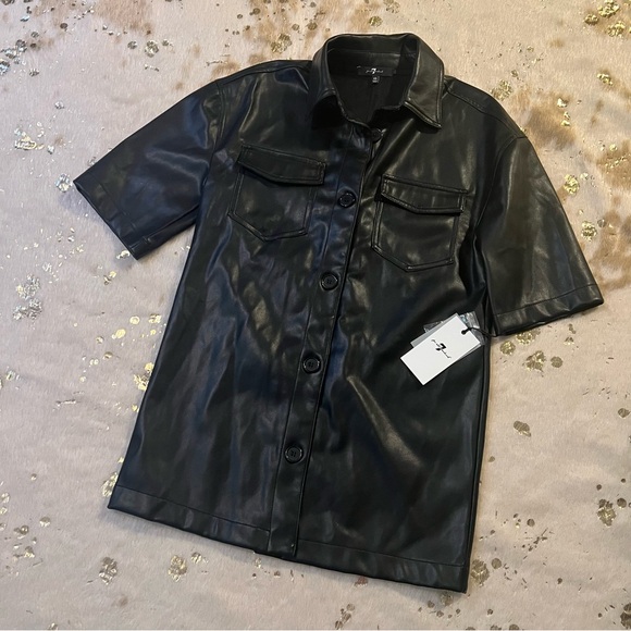 NWT 7 For All Mankind XS Oversized Leather Button Down Short Sleeve Black Jacket - Picture 1 of 9